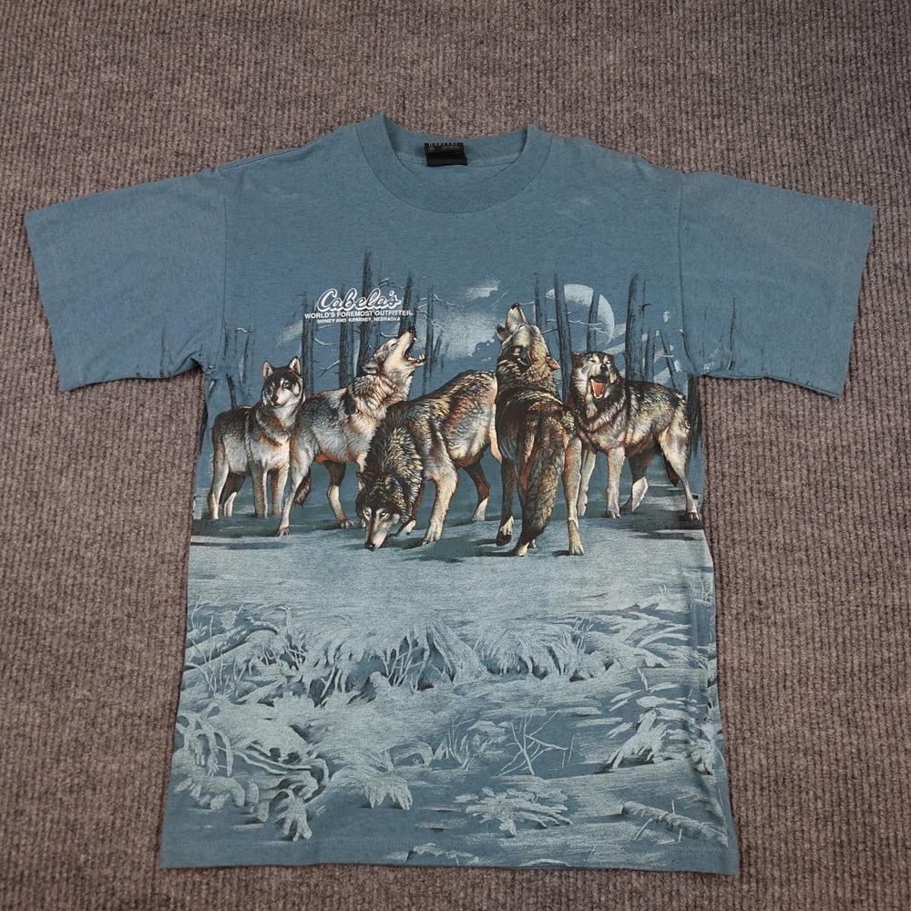 Vintage Habitat Wolves Shirt Mens Medium Blue Cabelas AOP Tee USA Single Stitch
